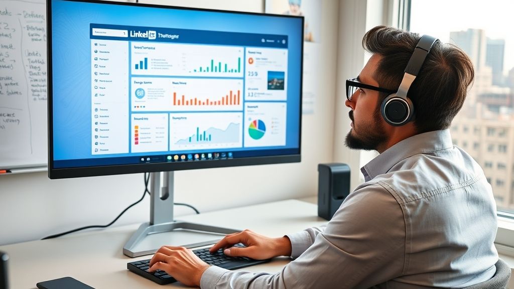 一位数字营销专业人士正在使用AI工具分析LinkedIn平台上的数据，以提高客户转化率。