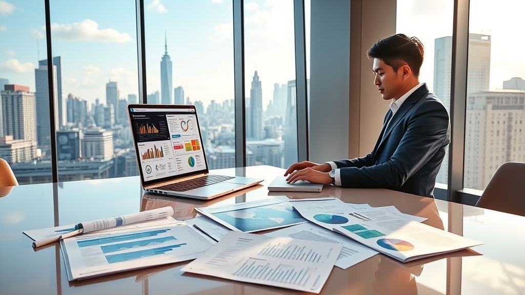一位商务人士在办公环境中利用AI技术分析LinkedIn客户数据的场景